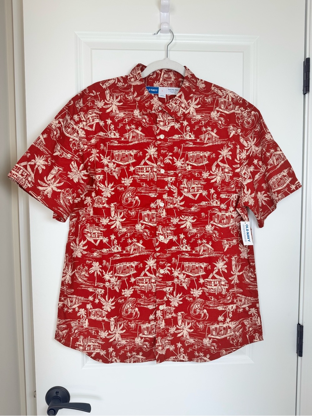Old Navy Red and Cream Tropical Hawaiian Button-Down Cotton Shirt